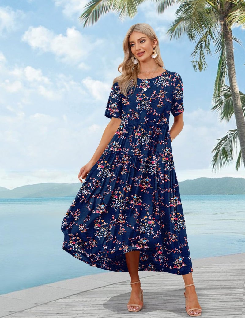 YESNO Women Casual Loose Bohemian Floral Dress with Pockets Short Sleeve Long Maxi Summer Beach Swing Dress (M EJF CR30) Blue - Image 2